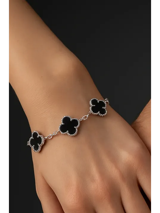 Kadın Gümüş Bileklik - Şans Dört Yaprak Motifli Oniks Taşlı Bilezik