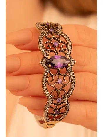 Kadın Gümüş Bileklik - Ametist Ve Zirkon Taşlı Otantik Gümüş Kelepçe Bileklik