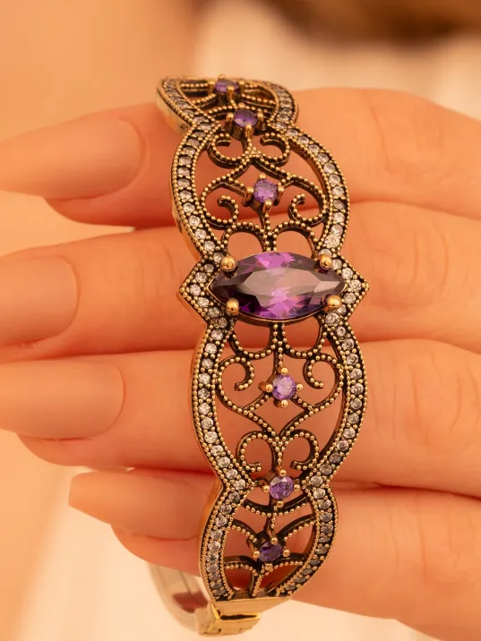 Kadın Gümüş Bileklik - Ametist Ve Zirkon Taşlı Otantik Gümüş Kelepçe Bileklik