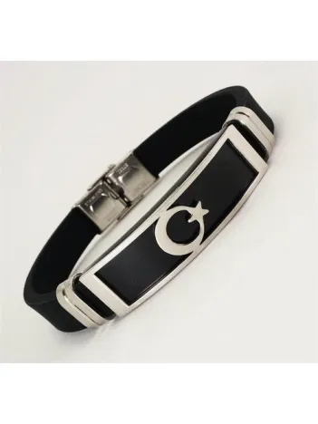 Ay Yıldız Bayraklı Kauçuk Çelik Erkek Bileklik