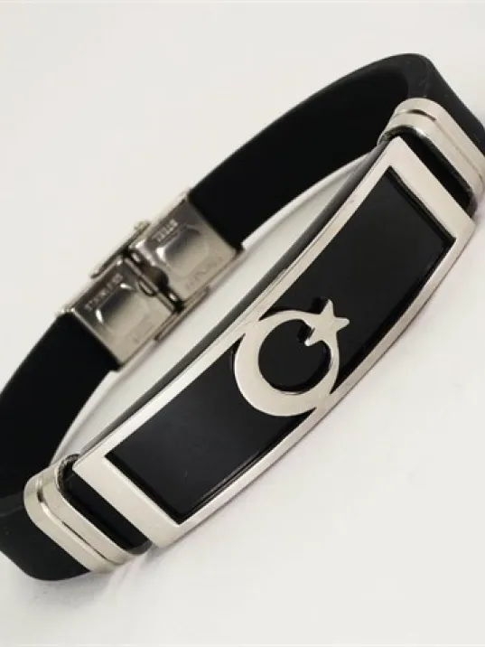 Ay Yıldız Bayraklı Kauçuk Çelik Erkek Bileklik