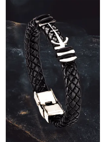 Erkek Çelik Bileklik - Deri Örgülü Çapa Model Çelik Bileklik
