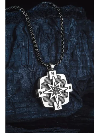 Erkek Çelik Kolye - Kare Model Pusula Figürlü Erkek Kolye