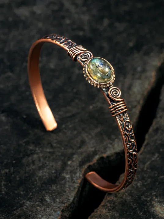 Bakır Kelepçe Bilezik Labradorit Doğal Taş Erkek Kadın Kuvars Taşı ve Metal Kutulu