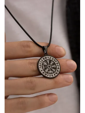Viking Pusulası - Erkek Kolye - Viking Pusulası Model Siyah Renk Erkek Çelik Kolye - 316 L Paslanmaz Çelik