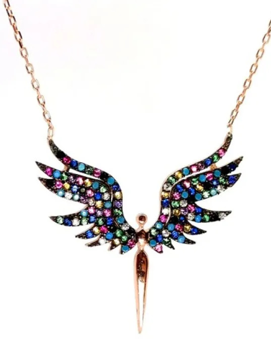 Renkli Zirkon Taşlı Rose Melek Bayan Gümüş Kolye