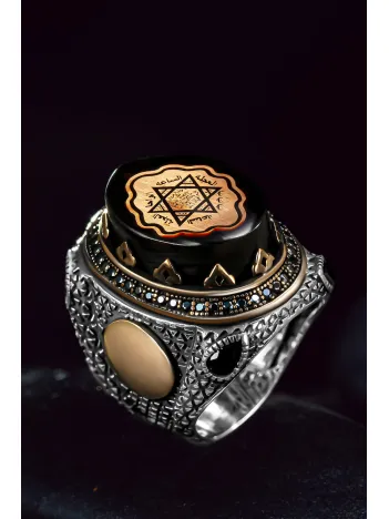 Erkek Gümüş Yüzük - Harf Yazılabilir Kehribar Taşlı Süleyman Mührü Erkek Yüzük