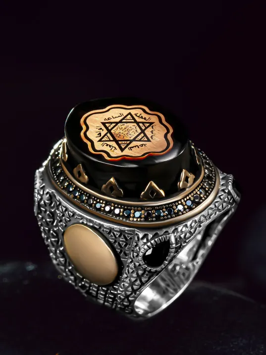 Erkek Gümüş Yüzük - Harf Yazılabilir Kehribar Taşlı Süleyman Mührü Erkek Yüzük