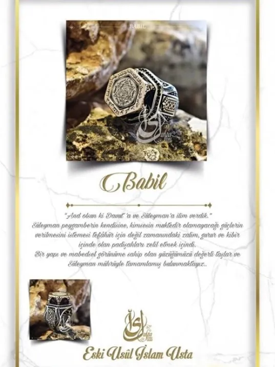 İslam Usta Tasarımı Babil Temalı Gümüş Erkek Yüzük