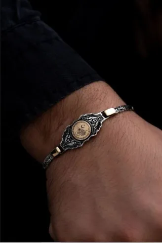 Erkek Gümüş Bileklik - Osmanlı Tuğralı Kral Zincirli 925 Ayar Gümüş Bileklik