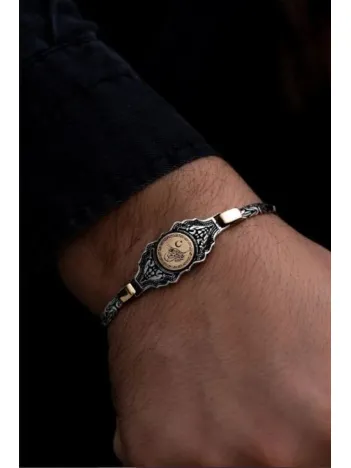 Erkek Gümüş Bileklik - Osmanlı Tuğralı Kral Zincirli 925 Ayar Gümüş Bileklik