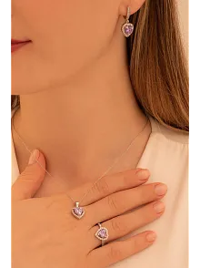 Kadın Gümüş Set - Kalp Model Ametist Taşlı Zirkon Süslemeli Rodyumlu Kadın Set