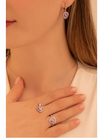 Kadın Gümüş Set - Kalp Model Ametist Taşlı Zirkon Süslemeli Rodyumlu Kadın Set