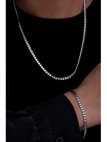 Erkek Gümüş Kolye Bileklik Set - 925 Ayar 4 mm Oksitli Ezme Gurmet Zincir Gümüş Kolye Bileklik Set