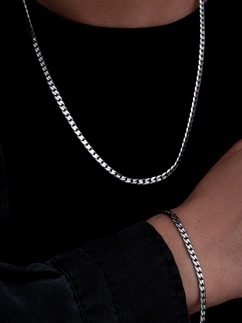 Erkek Gümüş Kolye Bileklik Set - 925 Ayar 4 mm Oksitli Ezme Gurmet Zincir Gümüş Kolye Bileklik Set