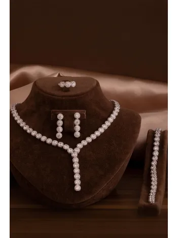 Kadın Gümüş Takı Seti - Şahmeran Yuvarlak Model Zirkon Taşlı Kolye, Bileklik, Yüzük, Küpe Tam Set