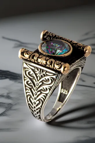 Erkek Mistik Topaz Taşlı Kitap Motifli 925 Ayar Gümüş Yüzük