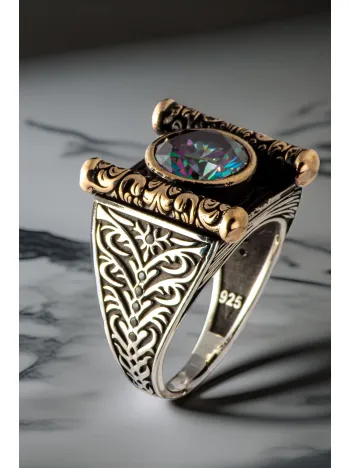 Erkek Mistik Topaz Taşlı Kitap Motifli 925 Ayar Gümüş Yüzük