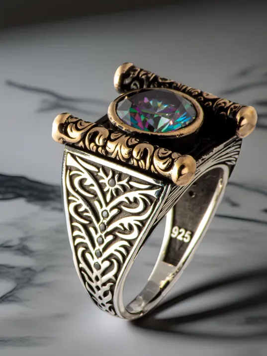 Erkek Mistik Topaz Taşlı Kitap Motifli 925 Ayar Gümüş Yüzük
