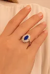 Kadın Gümüş Yüzük - Damla Model Safir Taşlı Baget Süslemeli Rodyumlu Kadın Yüzük