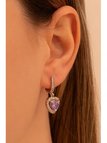 Kadın Gümüş Küpe - Kalp Model Ametist Taşlı Zirkon Süslemeli Rodyumlu Kadın Küpe