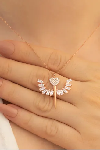 Kadın Gümüş Kolye - Zirkon Taşlı Rose Kalpli Mikailin Kılıcı Model 2 Kadın Gümüş Kolye
