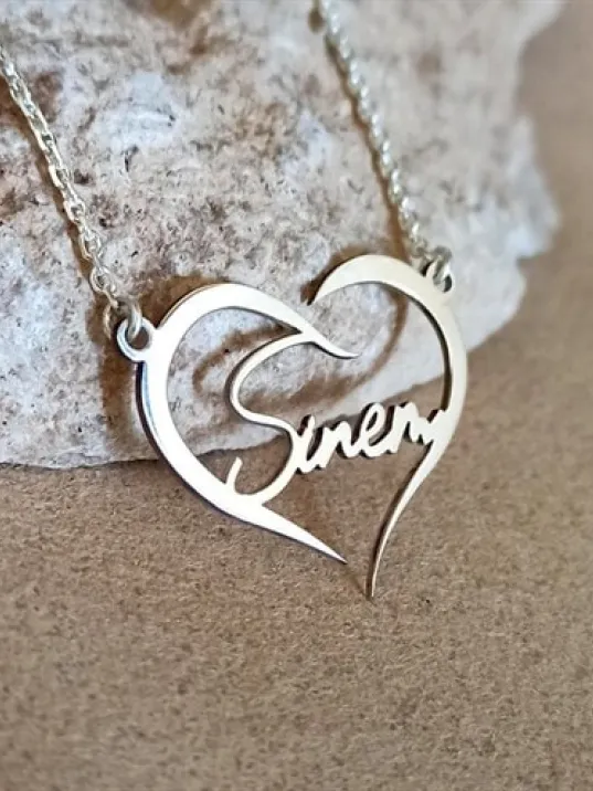 Kişiye Özel Kalp İçinde İmza İsim Yazılan Bayan Gümüş Kolye Zincir GKLGMSISIMY