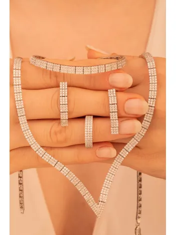 Kadın Gümüş Takı Düğün Seti - Paris Su Yolu 925 Ayar Kolye Bileklik Yüzük Küpe Tam Set