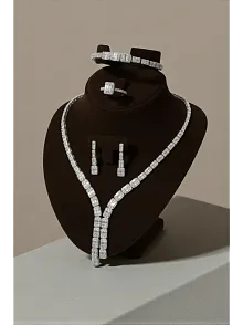 Kadın Gümüş Takı Seti - Kalın Dilruba Baget Taşlı Kolye Bileklik Yüzük Küpe Tam Set Işıklı Kutuda