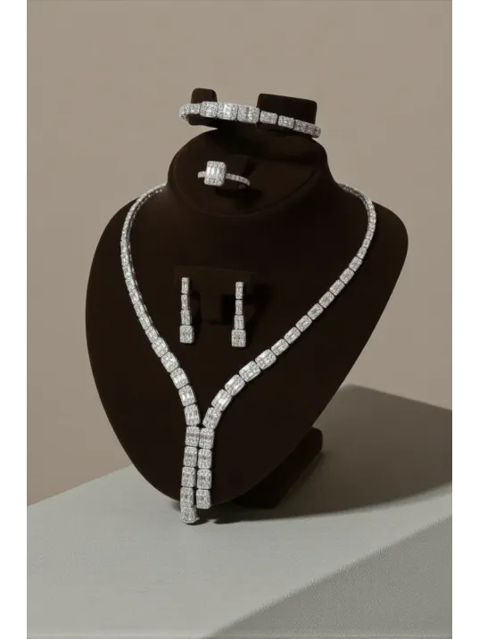 Kadın Gümüş Takı Seti - Kalın Dilruba Baget Taşlı Kolye Bileklik Yüzük Küpe Tam Set Işıklı Kutuda