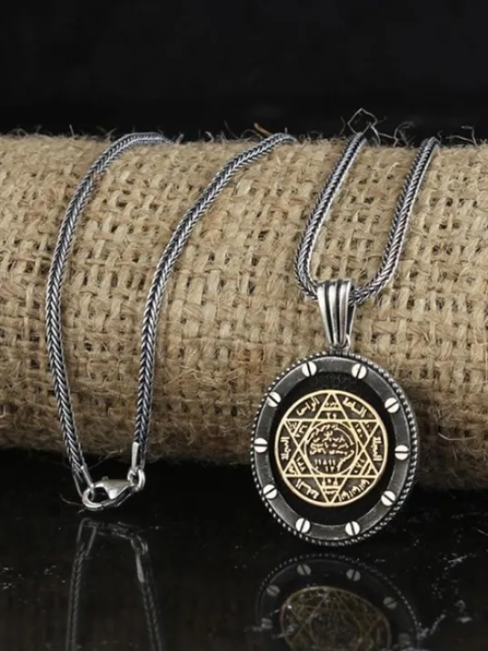 Hz. Süleyman Mührü Oval Model Gümüş Erkek Kolye