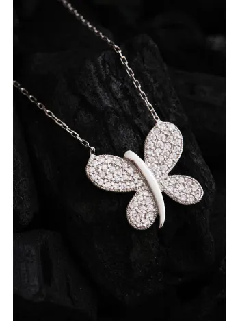 Kadın Gümüş Kolye - Sevgililer Günü - Hediye - Zirkon Taşlı Yusufçuk Motifli Kadın Kolye