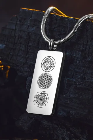 Kadın Erkek Zincir Kolye - Hz Süleyman Mührü, Yaşam Çiçeği, Sri Yantra İşlemesi, Paslanmaz Çelik
