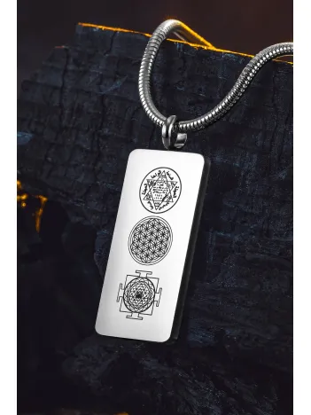 Kadın Erkek Zincir Kolye - Hz Süleyman Mührü, Yaşam Çiçeği, Sri Yantra İşlemesi, Paslanmaz Çelik