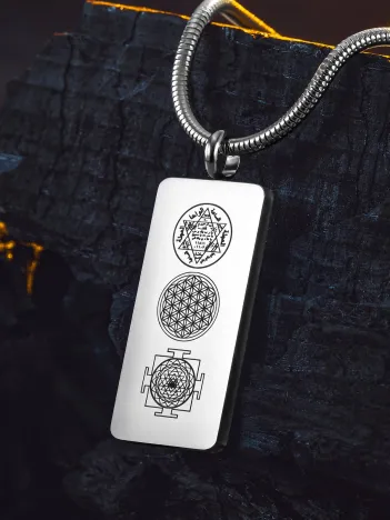 Kadın Erkek Zincir Kolye - Hz Süleyman Mührü, Yaşam Çiçeği, Sri Yantra İşlemesi, Paslanmaz Çelik