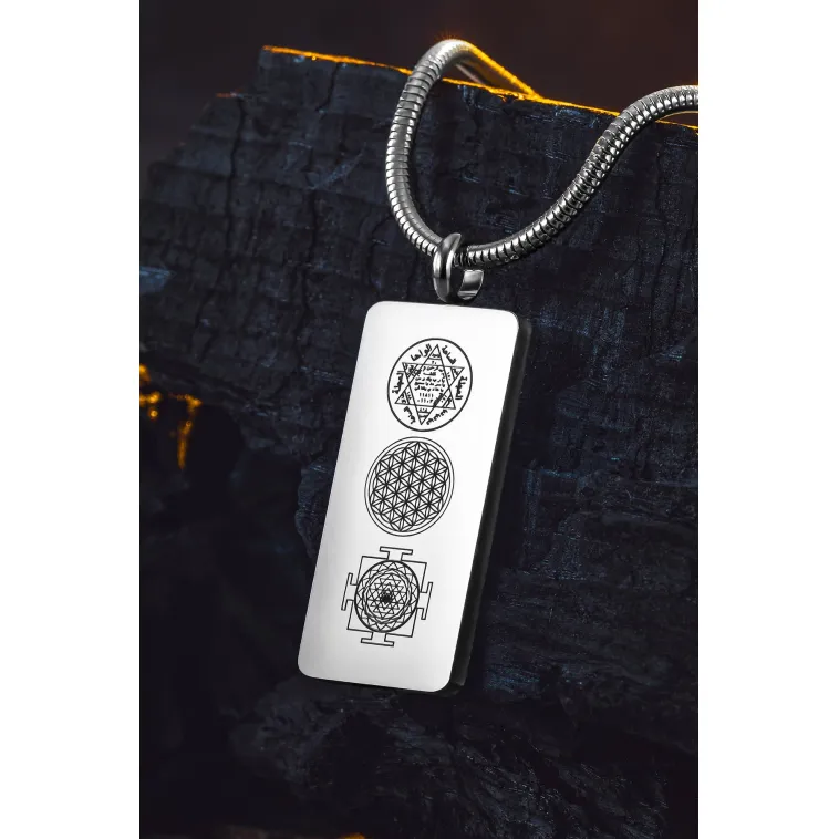 Kadın Erkek Zincir Kolye - Hz Süleyman Mührü, Yaşam Çiçeği, Sri Yantra İşlemesi, Paslanmaz Çelik Kadın Erkek Zincir Kolye - Hz Süleyman Mührü, Yaşam Çiçeği, Sri Yantra İşlemesi, Paslanmaz Çelik