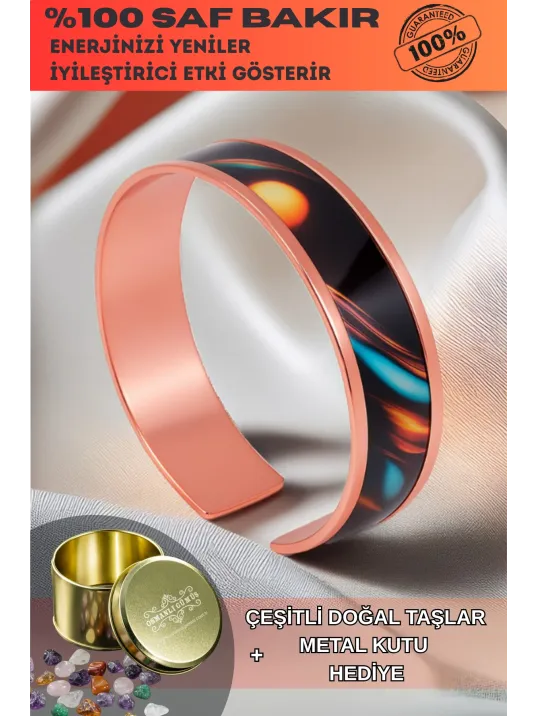 Kadın Bakır Bileklik - Andrelina Model Özel Baskı Metal Kutu Ve Doğal Taşlar