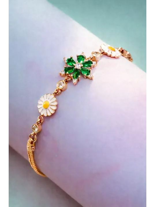 Altın Kaplama Nergis Çiçeği Zirkon Taşlı Gümüş Bileklik-Mor