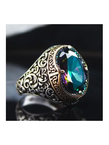 Karışık Renk Mistik Topaz Yanı Işlemeli Özel Seri Erkek Gümüş Yüzük - Ey3100