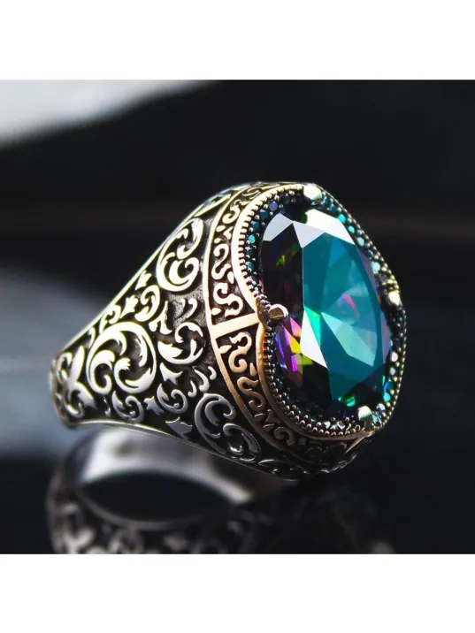 Karışık Renk Mistik Topaz Yanı Işlemeli Özel Seri Erkek Gümüş Yüzük - Ey3100