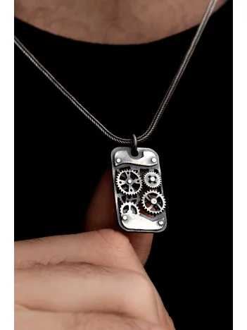 Erkek Gümüş Kolye - Oksitli Model Makina Mühendislerine Dişli Çarklı Mekanizma Gümüş Kolye