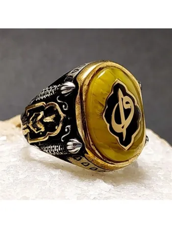 Elif Vav Yazılı Sıkma Kehribar Gümüş Erkek Yüzük