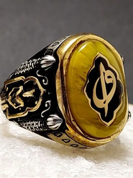 Elif Vav Yazılı Sıkma Kehribar Gümüş Erkek Yüzük