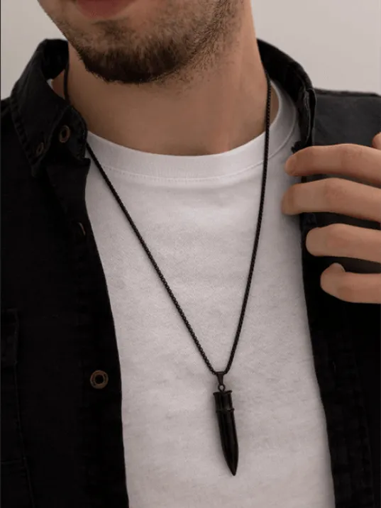 Erkek Kolye - Mermi Kurşun Model Erkek Siyah Çelik Kolye - 316 L Paslanmaz Çelik Kolye