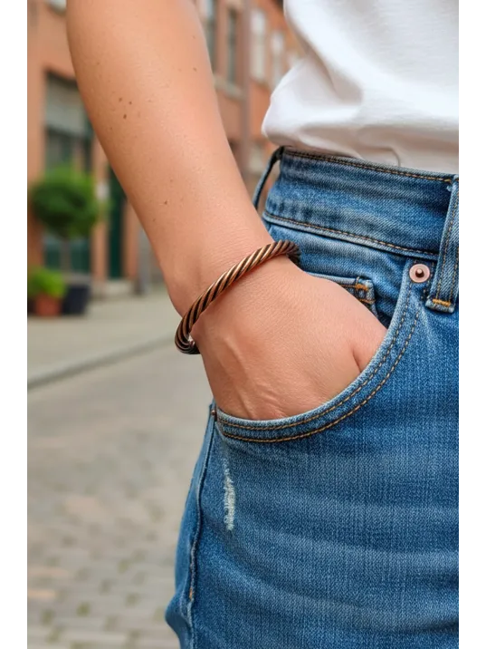 Erkek Kadın Bakır Bileklik - Tek Sıra Burma Burgu Bakır Bilezik Metal Kutu Ve Doğal Taşlar