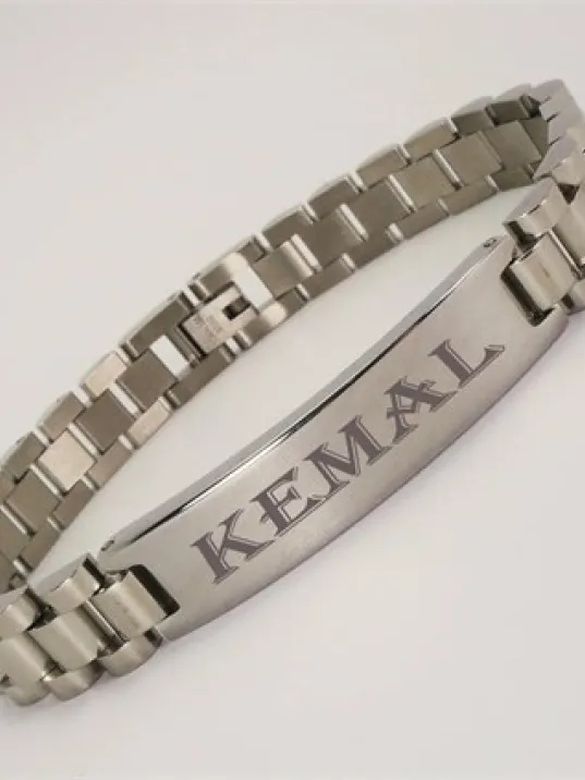 İsim Yazılan Erkek Çelik Bileklik Künye Orta Kalınlıkta