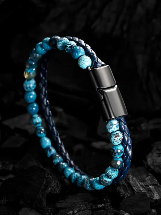 Erkek Doğal Taş Bileklik - Damarlı Mavi Akik Taşı Boncuk ve Örme Deri Erkek Bileklik Erkek Doğal Taş Bileklik - Damarlı Mavi Akik Taşı Boncuk ve Örme Deri Erkek Bileklik