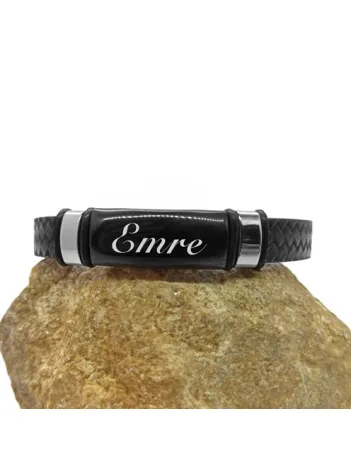 İsim Yazılabilen Siyah Örme Deri Erkek Bileklik Kalın Model CBLSYDERIBK-SYH