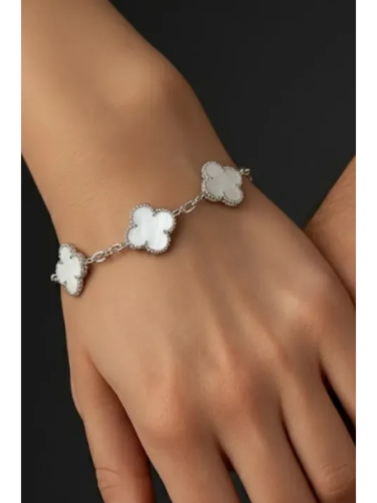 Kadın 925 Ayar Gümüş Beyaz Sedef Taşlı Yonca Model Zincir Bileklik