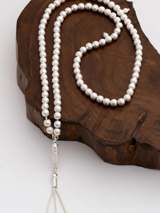 Erkek Gümüş Tespih - Çizgili Küre 99’luk Namaz Tespihi Gümüş Tespih